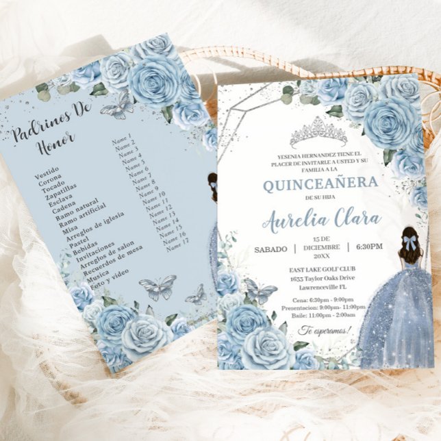 Quinceañera Baby Soft Blue Floral 15 Años Padrinos Einladung (baby blue roses floral silver Quinceañera Spanish xv 15 invitation card with Padrinos de Honor list )