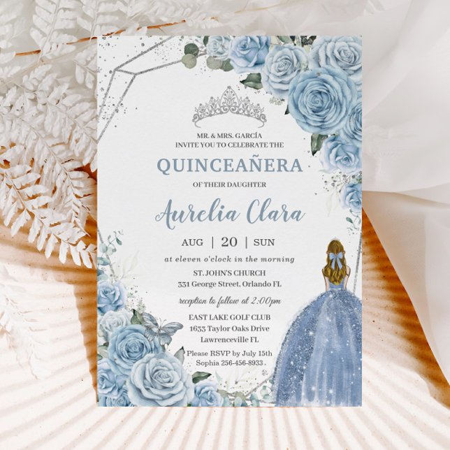 Quinceañera Baby Soft Blue Floral Prinzessin 15 16 Einladung (Von Creator hochgeladen)