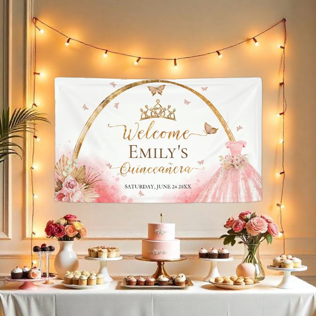 Quinceanera Begrüßungszeichen | Boho Pink Floral Banner (Von Creator hochgeladen)