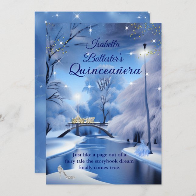 Quinceanera Birthday Blue Fairytale Carriage Dress Einladung (Vorne/Hinten)