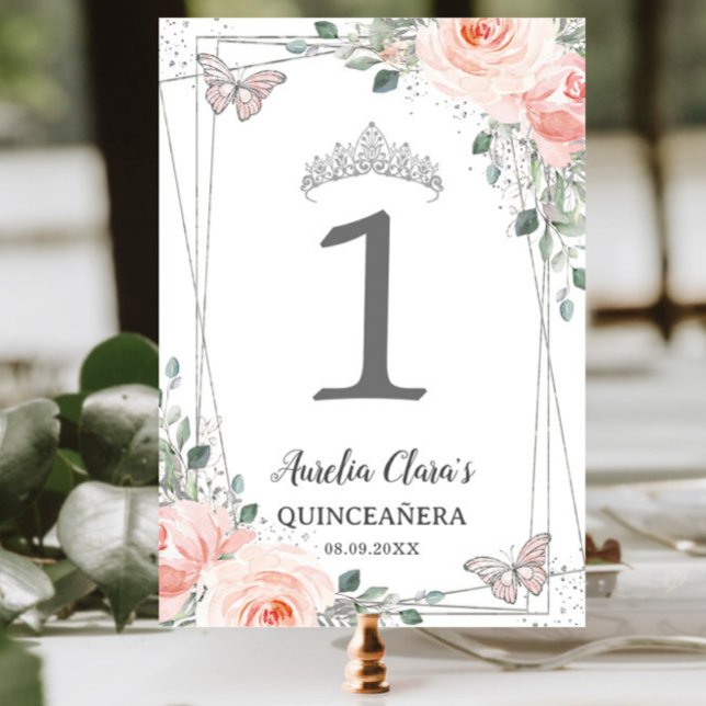 Quinceañera Birthday Blush Pink Floral Butterflieg Tischnummer (Von Creator hochgeladen)
