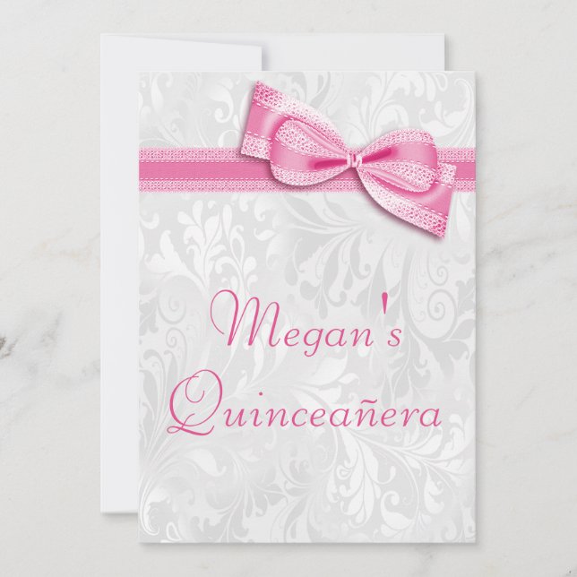 Quinceañera Birthday Damask und Pink Imitats Bow Einladung (Vorderseite)