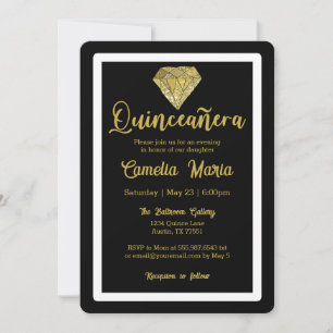 Quinceañera Birthday Diamond Glam Black Gold Einladung