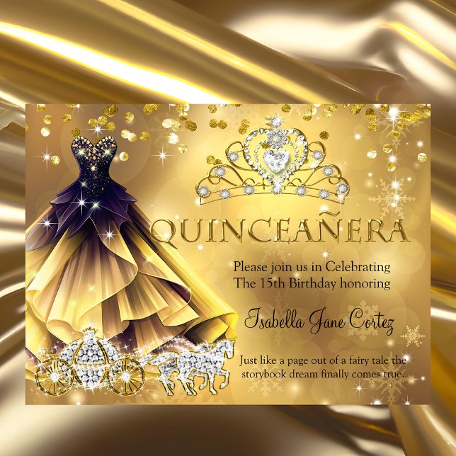 Quinceanera Birthday Gold Dress Tiara Carriage b Einladung (Von Creator hochgeladen)