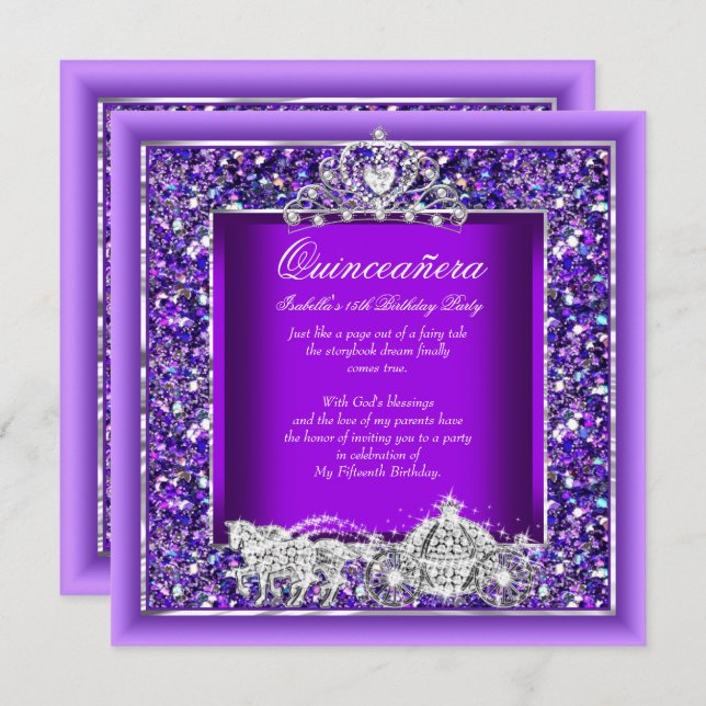Quinceanera Birthday Horriage Lila Einladung (Vorne/Hinten)