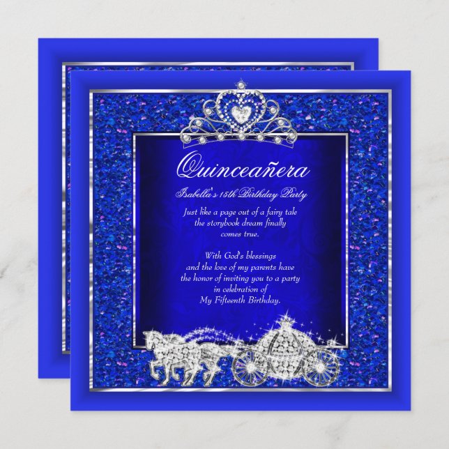 Quinceanera Birthday Horriage Royal Blue Einladung (Vorne/Hinten)