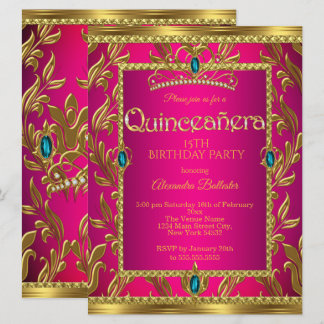 Quinceanera Birthday Hot Pink Aquamarin Blue Tiara Einladung