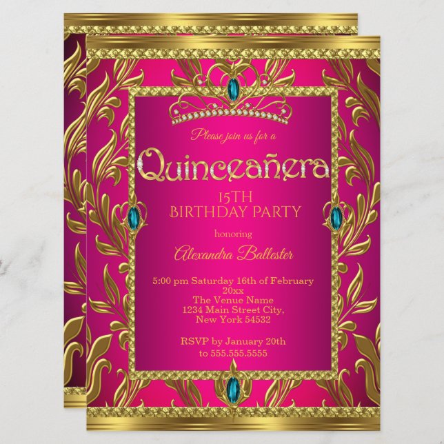 Quinceanera Birthday Hot Pink Aquamarin Blue Tiara Einladung (Vorne/Hinten)