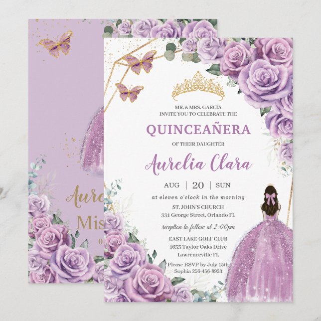 Quinceañera Birthday Lila Lilac Floral Princess Einladung (Vorne/Hinten)