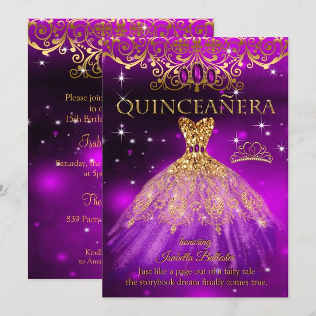 Quinceanera Birthday Lila Magenta Tiara Gold Einladung (Vorne/Hinten)