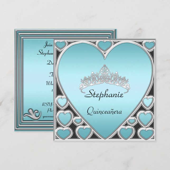 Quinceañera Birthday Party blau Einladung (Vorne/Hinten)