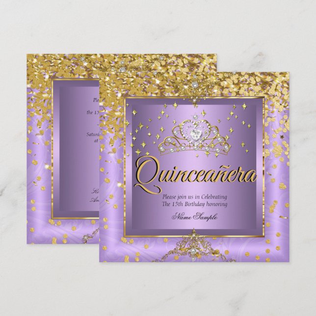 Quinceanera Birthday Party Gold Lavendel Lila Einladung (Vorne/Hinten)
