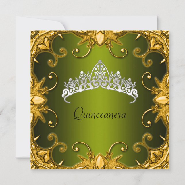 Quinceanera Birthday Party Green Gold White Tiara Einladung (Vorderseite)