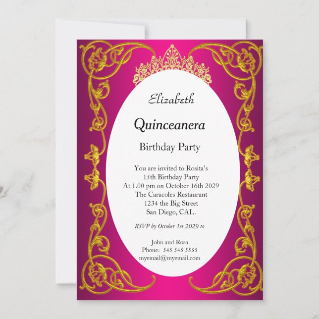 Quinceanera Birthday Party Roink Gold Einladung (Vorderseite)