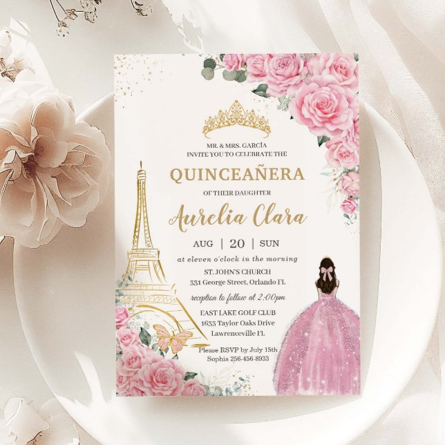 Quinceañera Birthday Pink Floral Paris Eiffel Gold Einladung (baby-pink-floral-roses-gold-eiffel-paris-princess-quinceanera-xv-sweet-16-birthday-invitation)