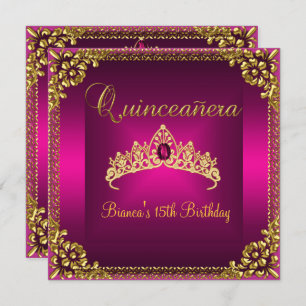 Quinceanera Birthday Pink Tiara Gold Gem Jewel Einladung