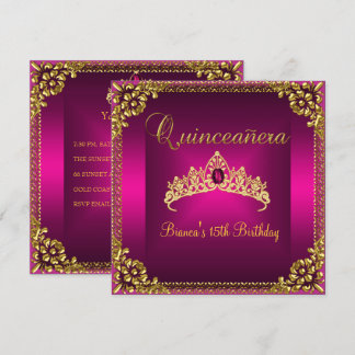 Quinceanera Birthday Pink Tiara Gold Gem Jewel Einladung