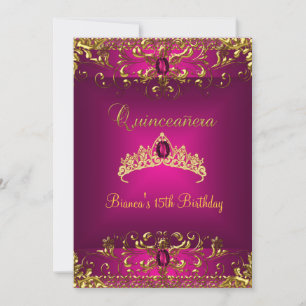 Quinceanera Birthday Pink Tiara Gold Gem Jewel Einladung