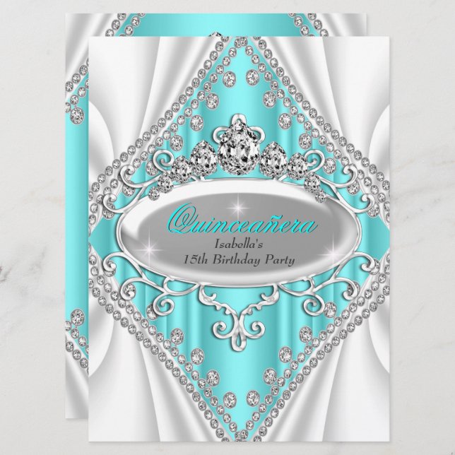 Quinceanera Birthday Princess Aquamarin Diamond La Einladung (Vorne/Hinten)
