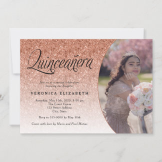 Quinceañera Birthday Rose Gold Glitzer Foto Einladung