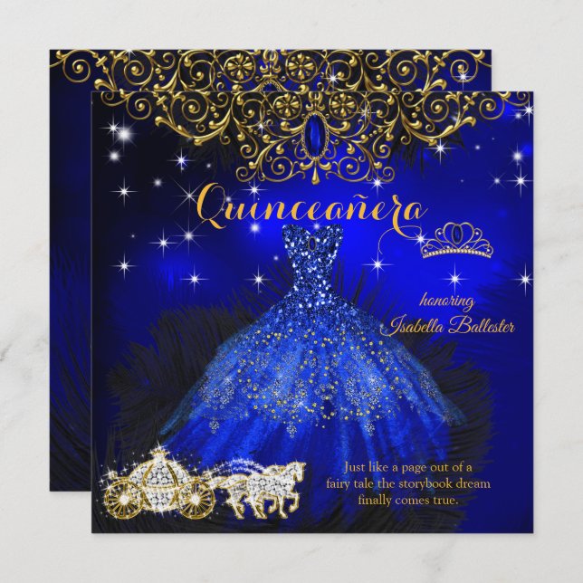 Quinceanera Birthday Royal Blue Fairytale Tiara Einladung (Vorne/Hinten)