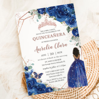 Quinceañera Birthday Royal Blue Floral Brown Girl Einladung