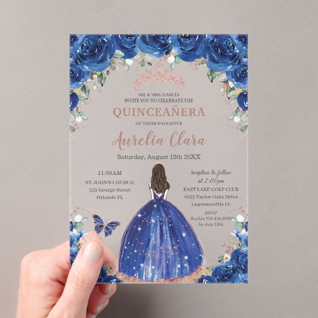 Quinceañera Birthday Royal Blue Floral Princess Acryleinladungen (Insitu (Handheld))