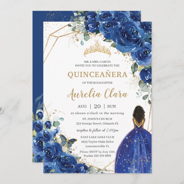 Quinceañera Birthday Royal Blue Floral Princess Einladung (Vorne/Hinten)