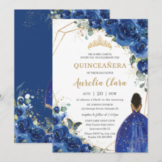 Quinceañera Birthday Royal Blue Floral Princess Einladung