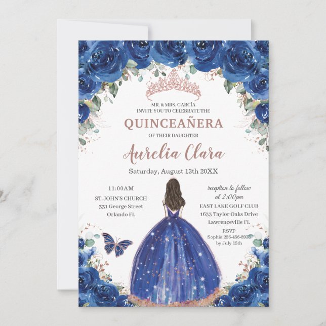 Quinceañera Birthday Royal Blue Floral Princess Einladung (Vorderseite)