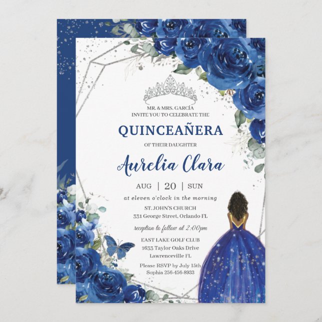 Quinceañera Birthday Royal Blue Floral Princess Einladung (Vorne/Hinten)