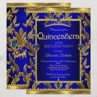 Quinceanera Birthday Royal Blue Jewel Tiara Gold Einladung