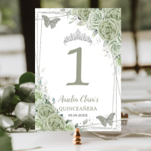 Quinceañera Birthday Sage Green Floral Butterflieg Tischnummer