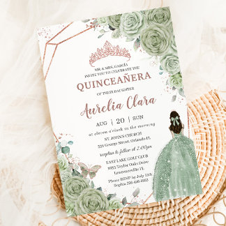 Quinceañera Birthday Sage Green Floral Rose Gold Einladung