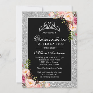 Quinceanera Birthday Silver Glitzer Sparkor Einladung