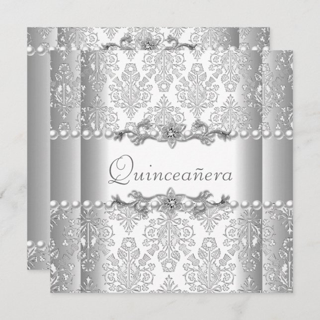 Quinceañera Birthday Silver White Pearl Lace Einladung (Vorne/Hinten)