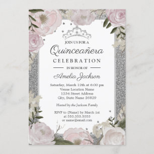 Quinceanera Birthday Sparkle Pink Silver Floral Einladung