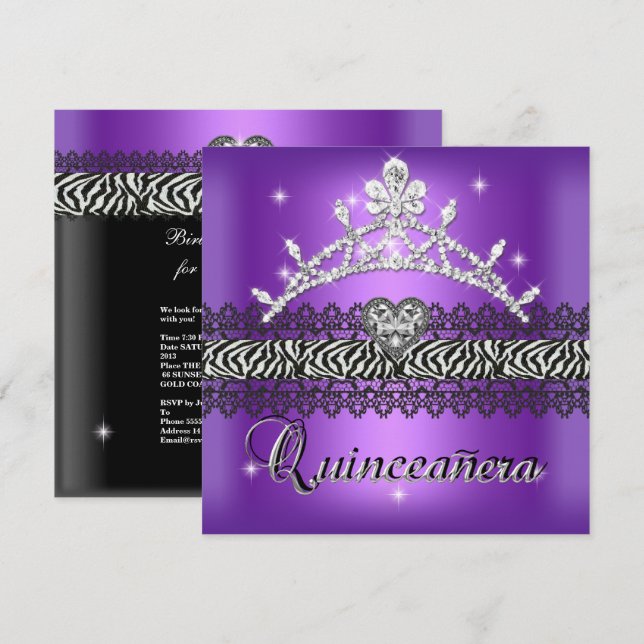 Quinceanera Birthday Zebra Lila Schwarz-weiß Einladung (Vorne/Hinten)
