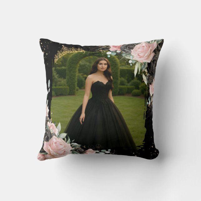 Quinceanera Black and Blush Pink Floral Photo Kissen (Rückseite)