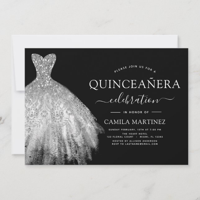 Quinceanera Black and Silver Glitzer Sparkle Einladung (Vorderseite)