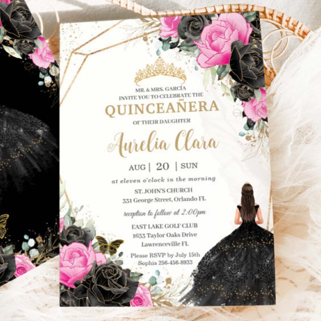 Quinceañera Black Dress Fuchsia Floral Princess Einladung (Von Creator hochgeladen)