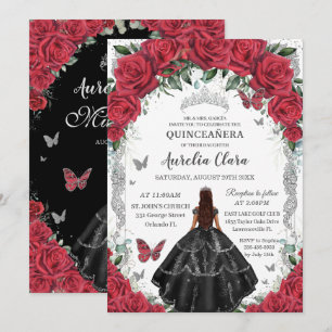 Quinceañera Black Dress Rote Rosen Floral Silver Einladung