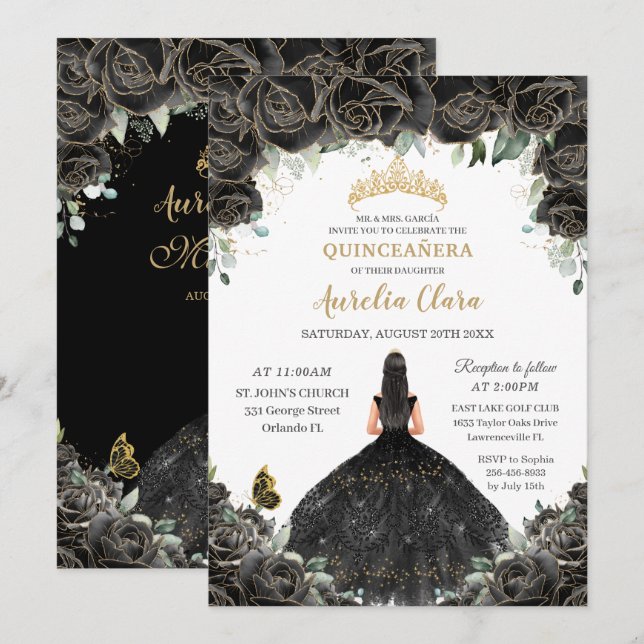 Quinceañera Black Floral Blume Girl Dress Gold Einladung (Vorne/Hinten)