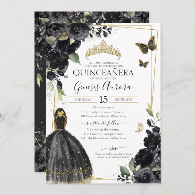 Quinceañera Black Floral Butterfly, Mädchen im Kle Einladung (Vorne/Hinten)