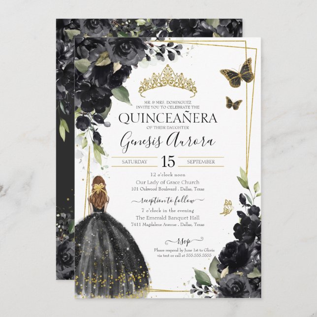 Quinceañera Black Floral Butterfly, Mädchen im Kle Einladung (Vorne/Hinten)