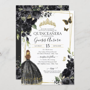 Quinceañera Black Floral Butterfly, Mädchen im Kle Einladung