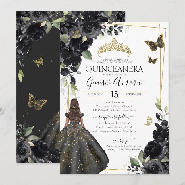 Quinceañera Black Floral Gold Butterfly Kleid Einladung (Vorne/Hinten)