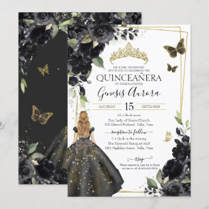 Quinceañera Black Floral Gold Butterfly Kleid Invi Einladung