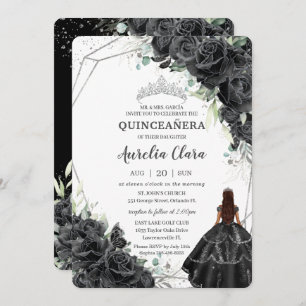 Quinceañera Black Floral Rose Brown Tan Princess Einladung