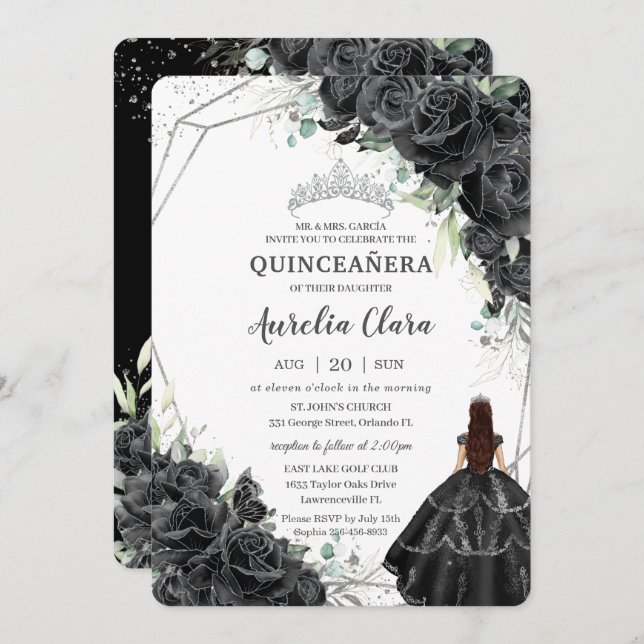 Quinceañera Black Floral Rose Gown Silver Crown Einladung (Vorne/Hinten)